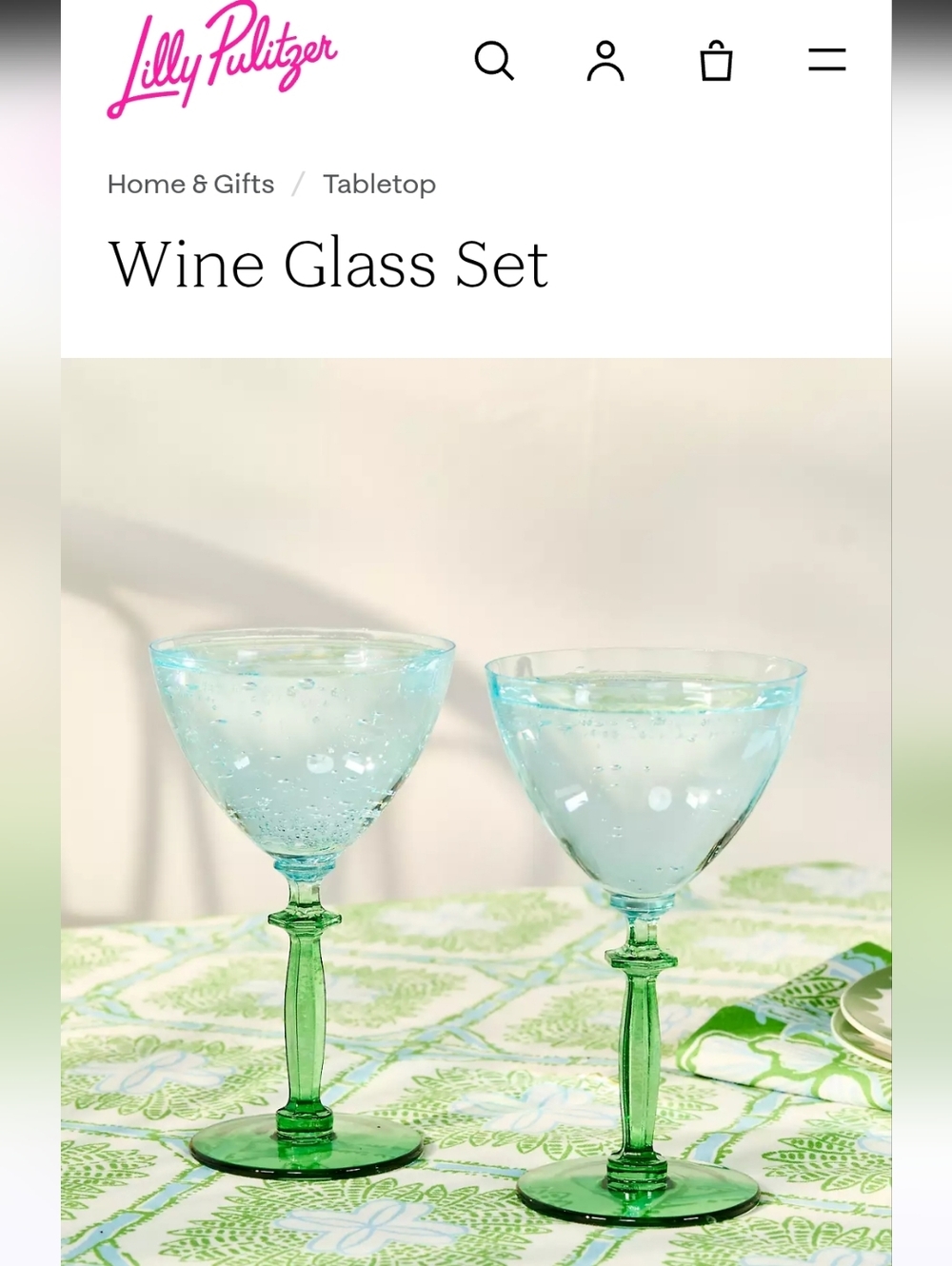 Lilly Pulitzer Aqua Bowl Wine Glasses with Green Stems- NEW